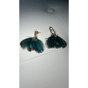 Feather Drop Earrings OS Teal Black Gold Boho Dangle Statement Fan